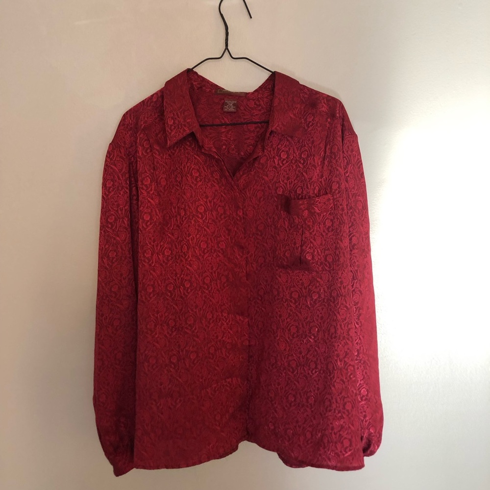 Red Silky Button Down Blouse - image 2